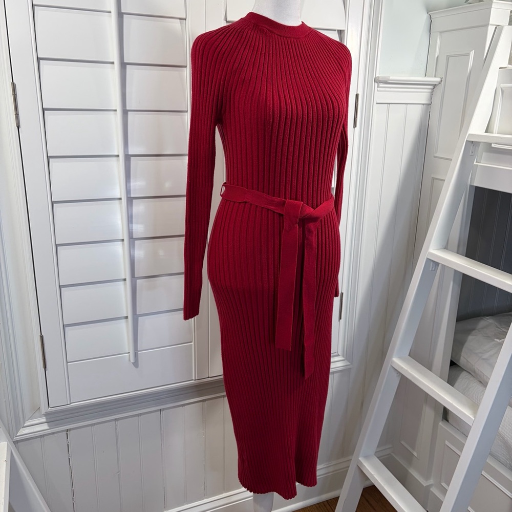 ANN TAYLOR Ribbed Belted Column Sweater Dress in Gingham - Picture 3 of 9